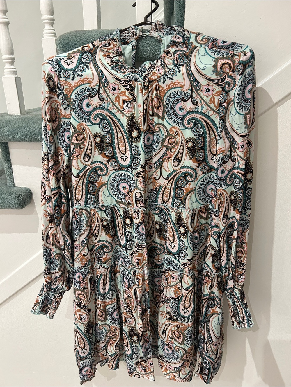 Anthropologie Women's Paisley Tiered Long-Sleeve Dress - Mint & Tan worn once